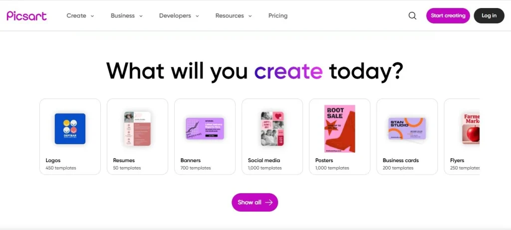 Picsart webpage